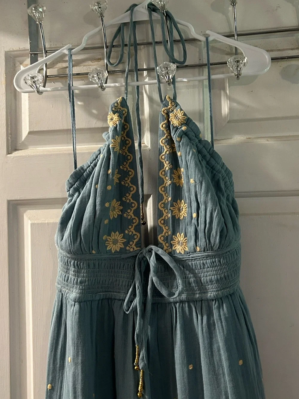 Free People Teal Maxi Dress with Gold Embroidery